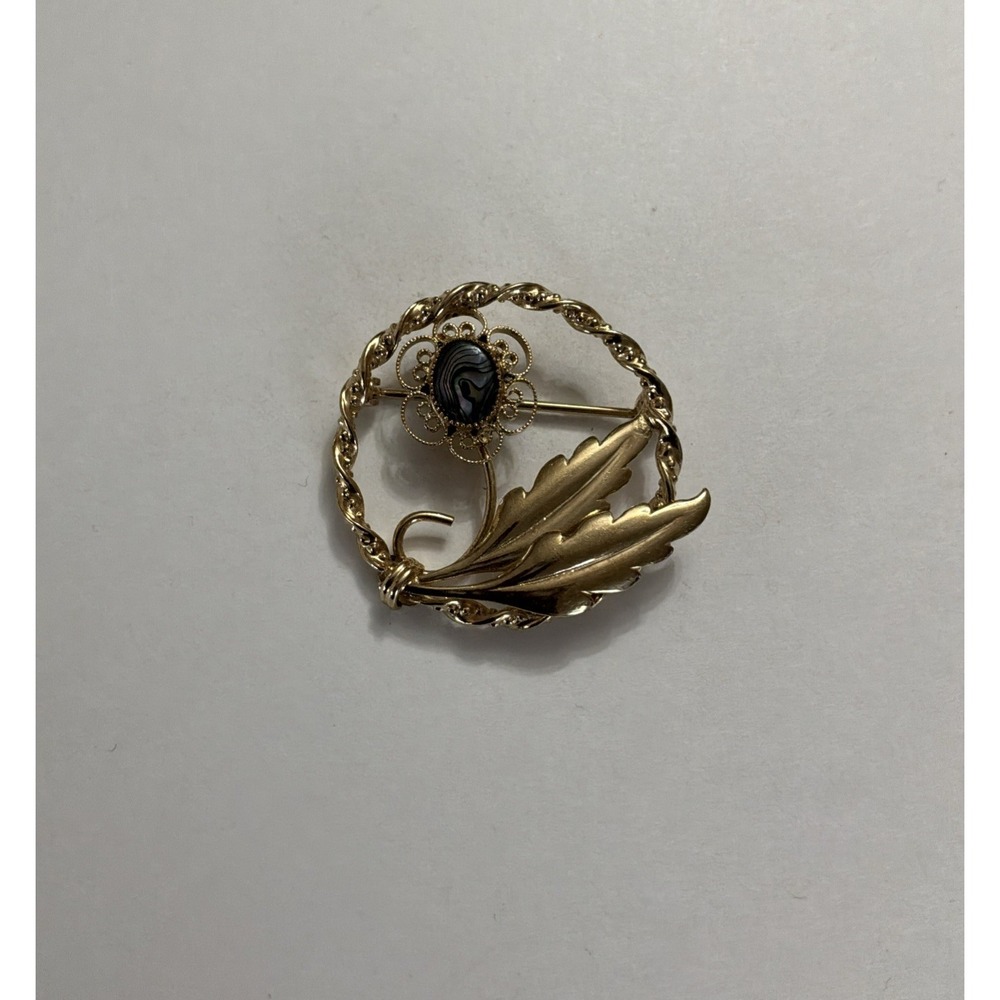 Vtg Dixelle 12k Gold Filled Abalone Shell Cabochon Flower Leaf Brooch Lapel Pin